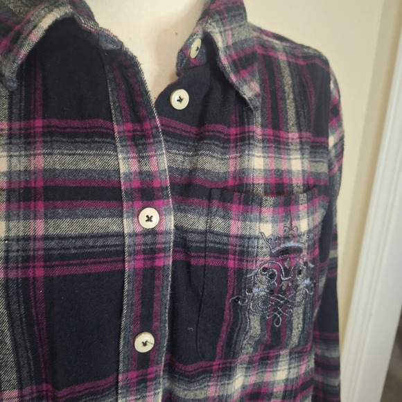 Soft Surroundings pink  and black plaid button down flannel shirt SZ S - Picture 4 of 10